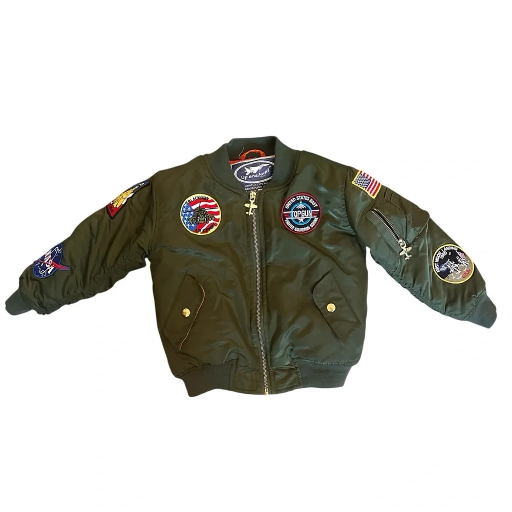 Up and Away Medium-Weight MA-1 Flight Bomber Jacket in Green With Seven Patches - Picture 1 of 4